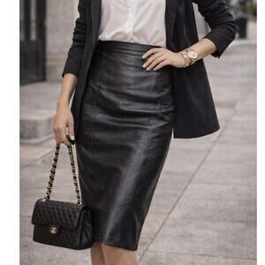 Vintage Lambskin Leather Pencil Skirt Knee Length Black SZ 6 Office Siren Edgy